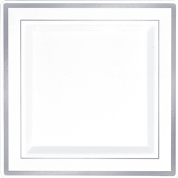 Premium 7-1/4" Plastic Square White Plates w/Silver Trim | Party Supplies