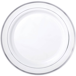 Premium 7-1/2" Plastic White Plates w/Metallic Silver Trim | Party Supplies