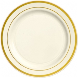 Premium 10-1/4" Plastic Cream Plates w/Metallic Gold Trim | Party Supplies