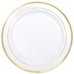 Premium 7-1/2" Plastic White Plates w/Metallic Gold Trim | Party Supplies
