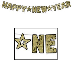 Black & Gold Glittered Happy New Year Streamer