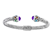 Sterling Silver Amethyst/ Multi-gemstone Hinged Cable Cuff Bracelet