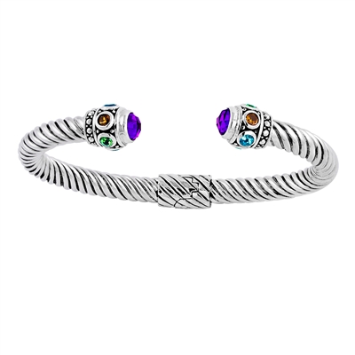 Sterling Silver Amethyst/ Multi-gemstone Hinged Cable Cuff Bracelet