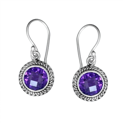 Sterling Silver Faceted Round Amethyst Dangle Earrings