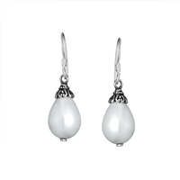 Sterling Silver Oval Shell Pearl Teardrop Dangle Earrings