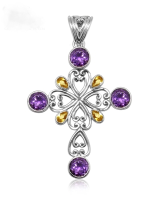 Sterling Silver Sterling Silver Amethyst and Citrine Cross Pendant