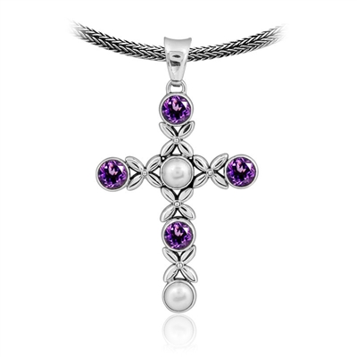 Sterling Silver Amethyst  & Freshwater Pearl Bali Cross Pendant