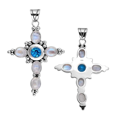 Sterling Silver Blue Topaz Bali Cross Pendant