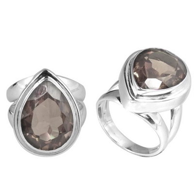 Sterling Silver Faceted Smokey Topaz Almond Drop Ring