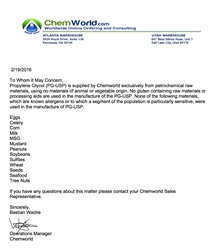 Chemworld PG USP Allergen Statement