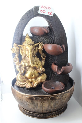 Gold Ganesh cascading fountain w/ black design arc and swirls in the background Model-3050