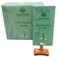 ISHOM - Patchouli Oudh Smudge Incense Bricks, Wholesale Box of [12 packs x (15 bricks + 1 Holder)]