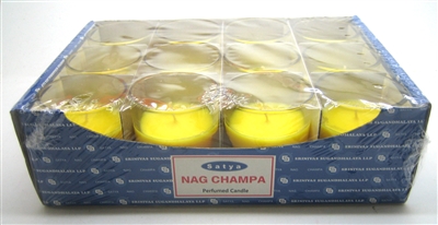 Satya Nag Champa Scented Candle 12 Pack Shot Glass in Printed Tray