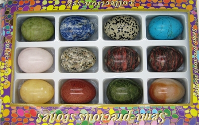 12 Hand Carved Stone Eggs - Assorted Stones