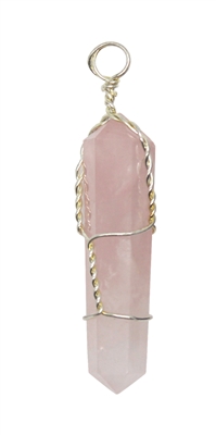 Wire Wrapped Natural Rose Quartz Crystal Point Pendant