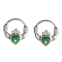Sterling Silver Green CZ Stud Claddagh Earrings