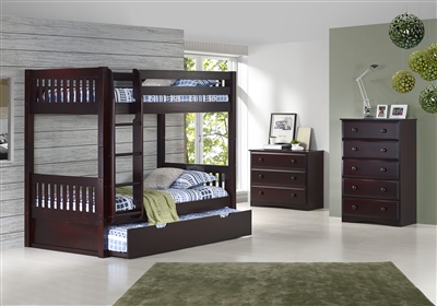 High Bunk Bed - With Conversion Kit & Twin Trundle- Mission Style - Cappuccino