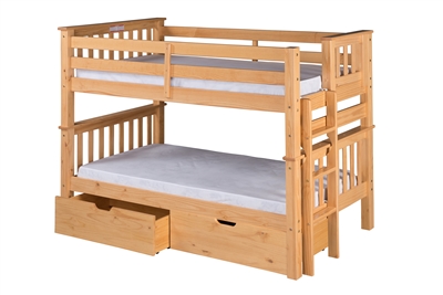 Santa Fe Mission Low Bunk Bed Twin over Twin - Bed End Ladder - Natural Finish - with Under Bed Drawers