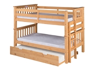 Santa Fe Mission Low Bunk Bed Twin over Twin - Bed End Ladder - Natural Finish - with Twin Size Under Bed Trundle