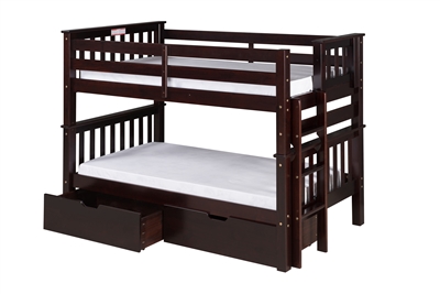 Santa Fe Mission Low Bunk Bed Twin over Twin - Bed End Ladder - Cappuccino Finish - with Under Bed Drawers