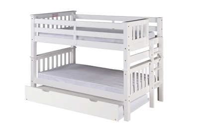 Santa Fe Mission Low Bunk Bed Twin over Twin - Bed End Ladder - White Finish - with Twin Size Under Bed Trundle