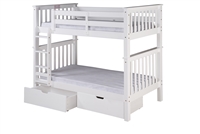 Santa Fe Mission Tall Bunk Bed Twin over Twin - Attached Ladder - White Finish with Under Bed Drawers