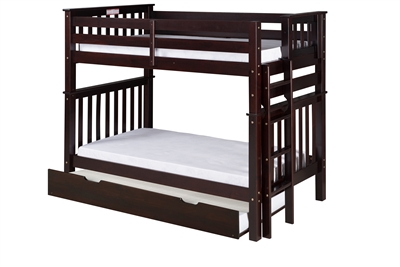 Santa Fe Mission Tall Bunk Bed Twin over Twin - Bed End Ladder - Cappuccino Finish - with Twin Size Under Bed Trundle