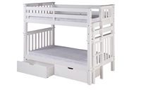 Santa Fe Mission Tall Bunk Bed Twin over Twin - Bed End Ladder - White Finish - with Under Bed Drawers