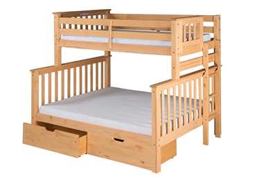 Santa Fe Mission Tall Bunk Bed Twin over Full - Bed End Ladder - Natural Finish - with Under Bed Drawers