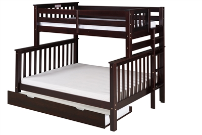 Santa Fe Mission Tall Bunk Bed Twin over Full - Bed End Ladder - Cappuccino Finish - with Twin Size Under Bed Trundle