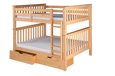 Santa Fe Mission Tall Bunk Bed Full over Full - Attached Ladder - Natural Finish - with Under Bed Drawers