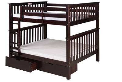 Santa Fe Mission Tall Bunk Bed Full over Full - Attached Ladder - Cappuccino Finish - with Under Bed Drawers