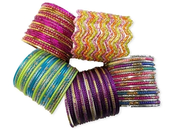 Five sets of custom selected glass Indian bangles in a variety of colors and textures.