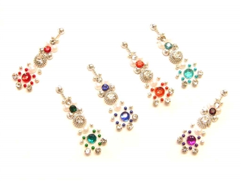 Pack of nice sized long bindi in a cute flower design. Bright rainbow colors are accented with silver and white crystals.