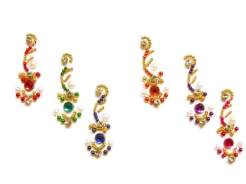 Curvy bindi in a rainbow of colors with white crystal, pearl, a and gold accents.