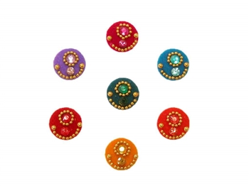 Rainbow bindi dots with matching crystals and gold accents.