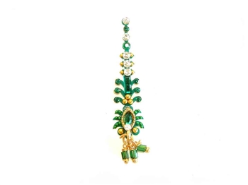 Fancy emerald green bindi jewelry with crystals and gold accents.