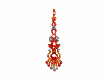 Bright red bindi base with red and blue crystals and gold accents.