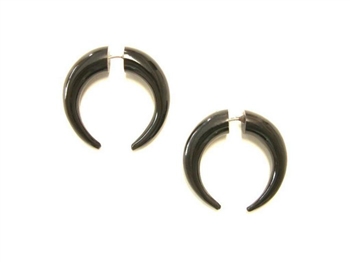 Small crescent shaped earrings are divided evenly in the center.