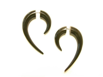 Black horn earrings in a classic crescent shape with an elongated tail.