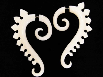 Made of white bone in a spiral design that drops down a couple inches and covered in spikes, these earrings are rocker fantastic!