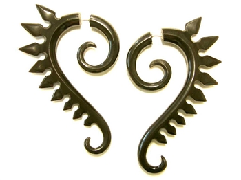 Made of black horn in a spiral design that drops down a couple inches and covered in spikes, these earrings are rocker fantastic!