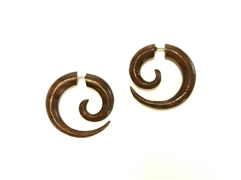 Organic sono wood earrings carved into a spiral only 1" long.