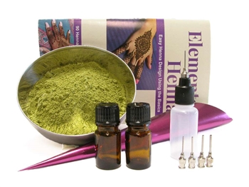 Body art quality ORa Organic Rajasthani henna powder kit with henna tools for dark color henna stains.