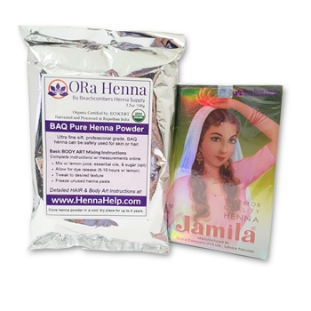 Get beautiful dark henna tattoo stains and easy-to-use henna paste by mixing Jamila henna and ORa organic Rajasthani henna powders.
