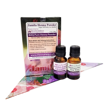 This discounted henna refill kit gives you all the henna product you need for 200 quality henna tattoos.  Professional quality dark staining henna powder, tea tree oil, lavender oil, and cello triangles to roll henna cones in one discounted kit.