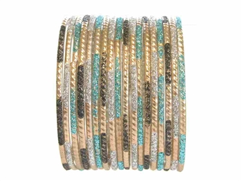 Matte gold bangles with black, silver, and sky blue glitter accents.