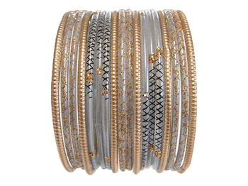 Elegant dove gray bangles with gold glitter accents.