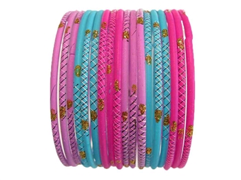 Lavender, pink, and turquoise matte bangles accented with gold glitter.