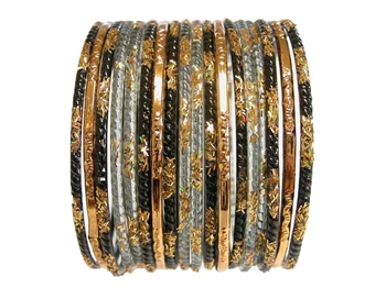 Variety of bangles with black, gray, and gold accents and glitter.